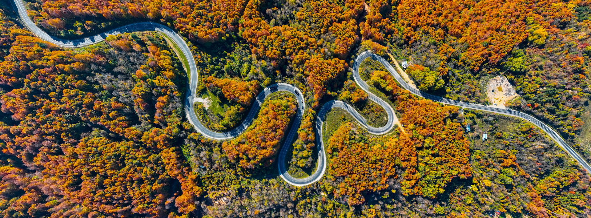 aerial view of inegol domanic road with beautiful autumn colors of nature, Kutahya, Turkey