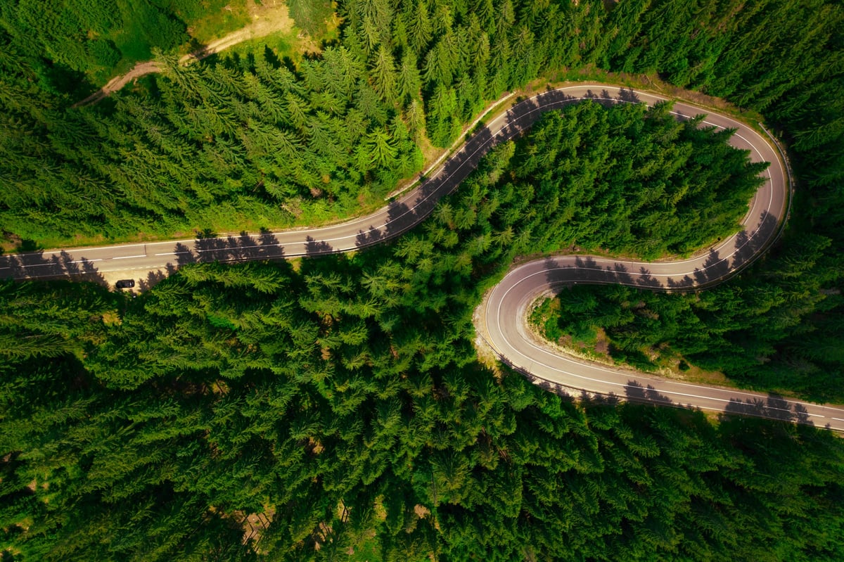Aerial view of a road passing through a green mountain forest