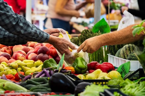 Fresh vegetables including peppers, peaches, eggplants and seasonal produce being sold at a busy farmers market