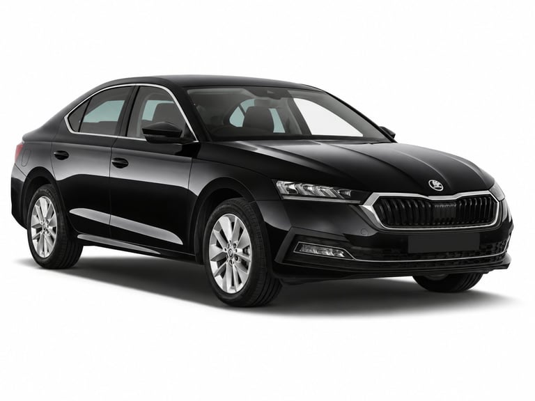 Black Skoda sedan viewed from the side angle against a white background