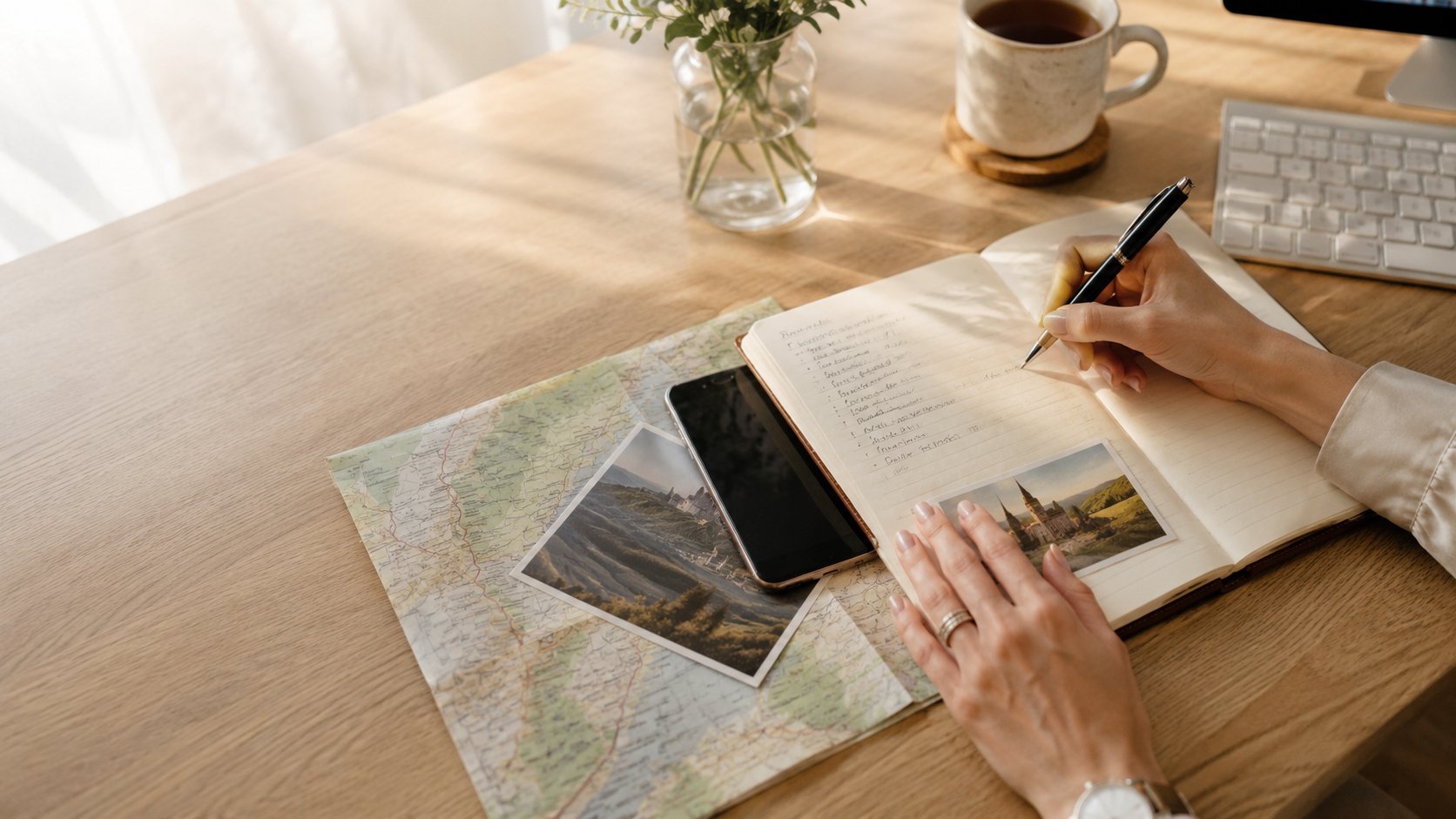 Person writing in a journal at a wooden desk with a map, smartphone, photos, and coffee cup nearby