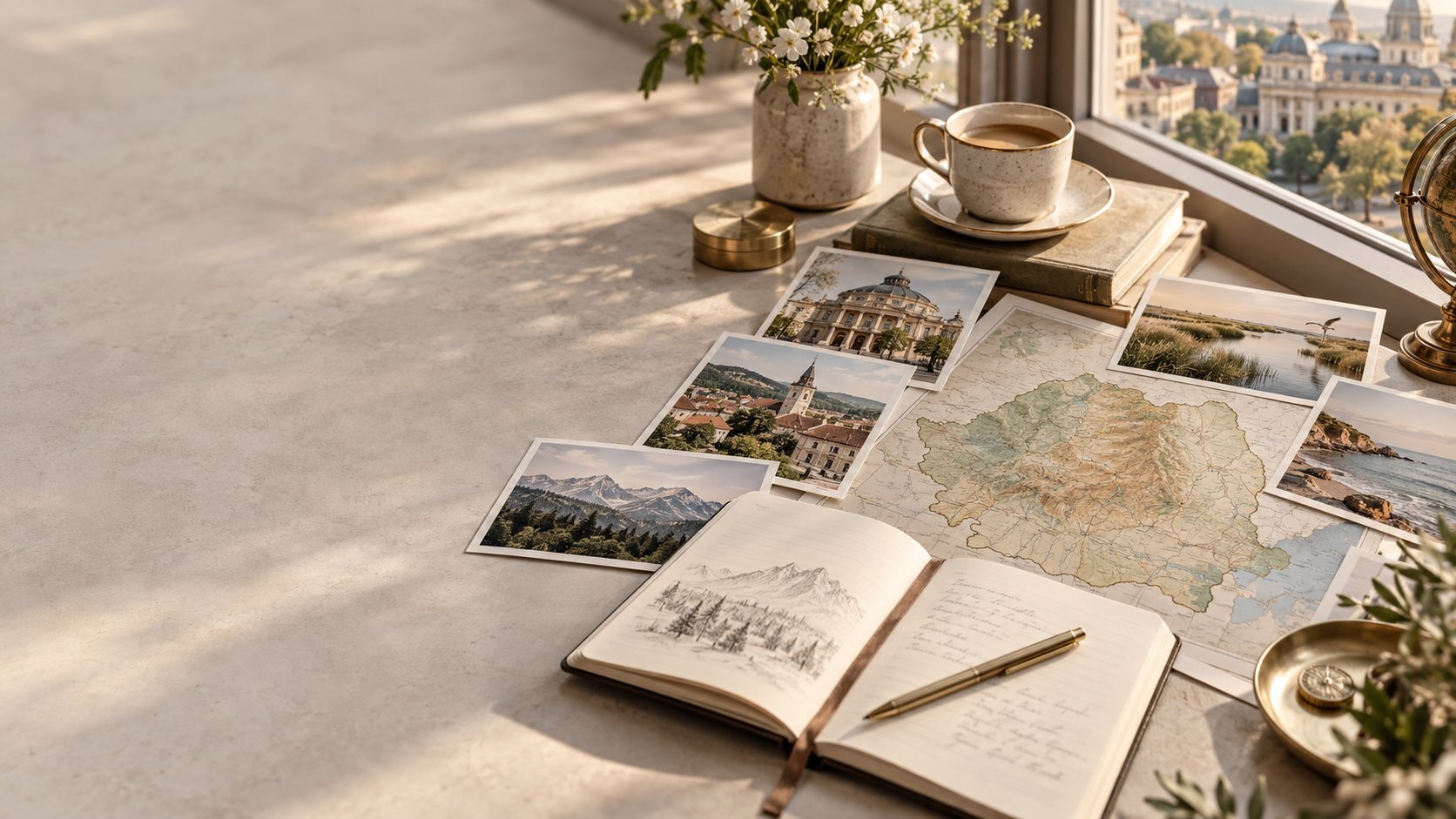 Travel planning workspace with vintage photos, map, open notebook, pen, coffee cup, and flowers by a window with city view