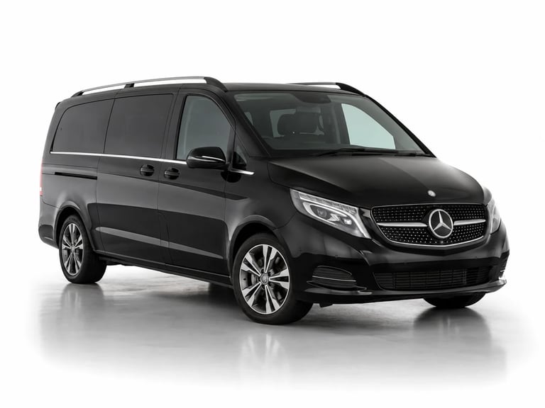 Black Mercedes-Benz minivan with roof rack and alloy wheels shown in profile view against white background