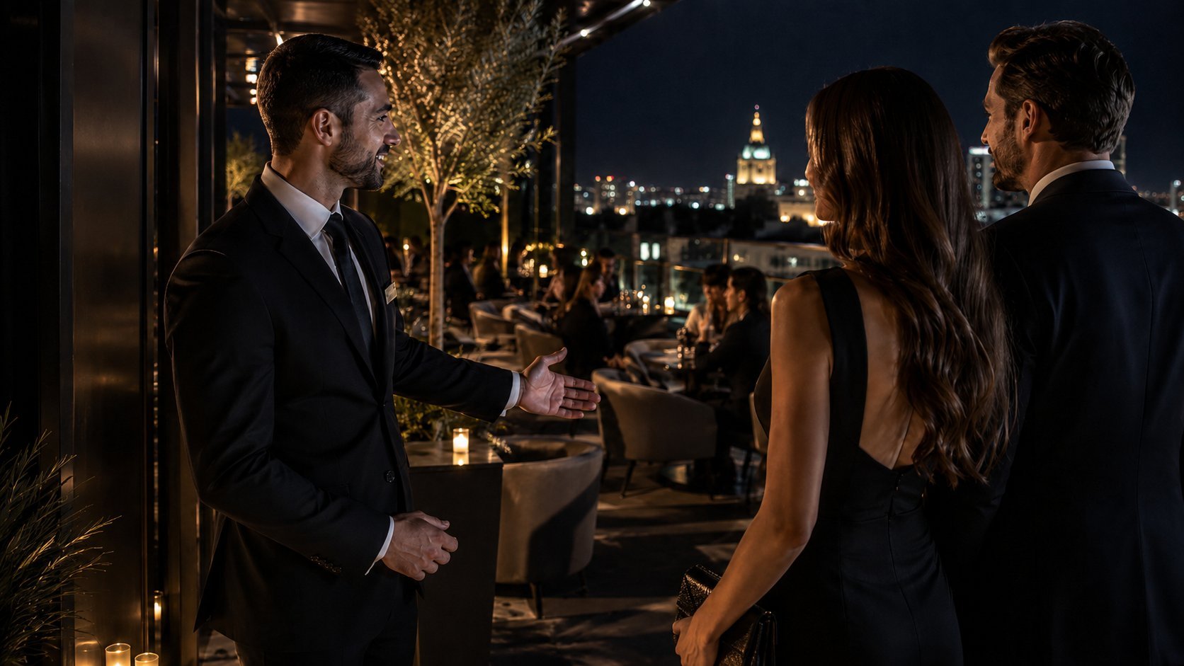 Elegant couple in formal attire standing at an upscale outdoor venue at night with city lights and illuminated buildings in the background