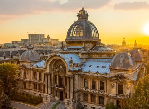 Parisian Beaux-Arts building with ornate domed roof at sunset, illuminated by golden hour light with cityscape in background