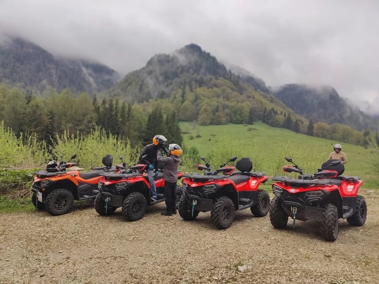Group of people on red ATVs lined up in a mountain valley with green meadows and forested peaks in the background