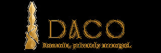 DACO logo with twisted golden sculpture and tagline Romania, privately arranged on black background