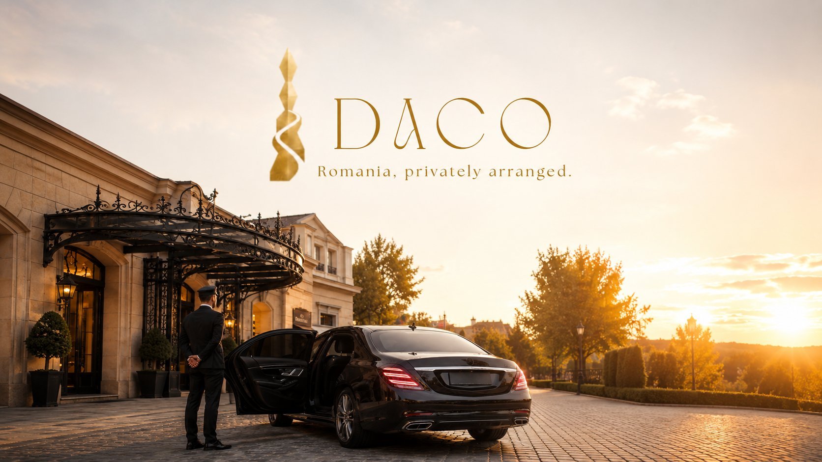 Luxury car service DACO with elegant building, uniformed driver, and golden sunset in Romania