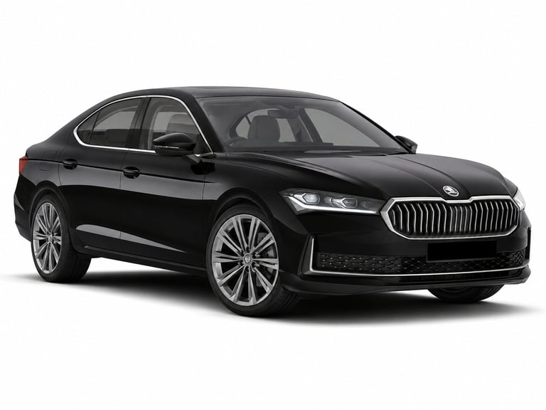 Black luxury sedan with distinctive vertical grille and LED headlights, photographed against a white background