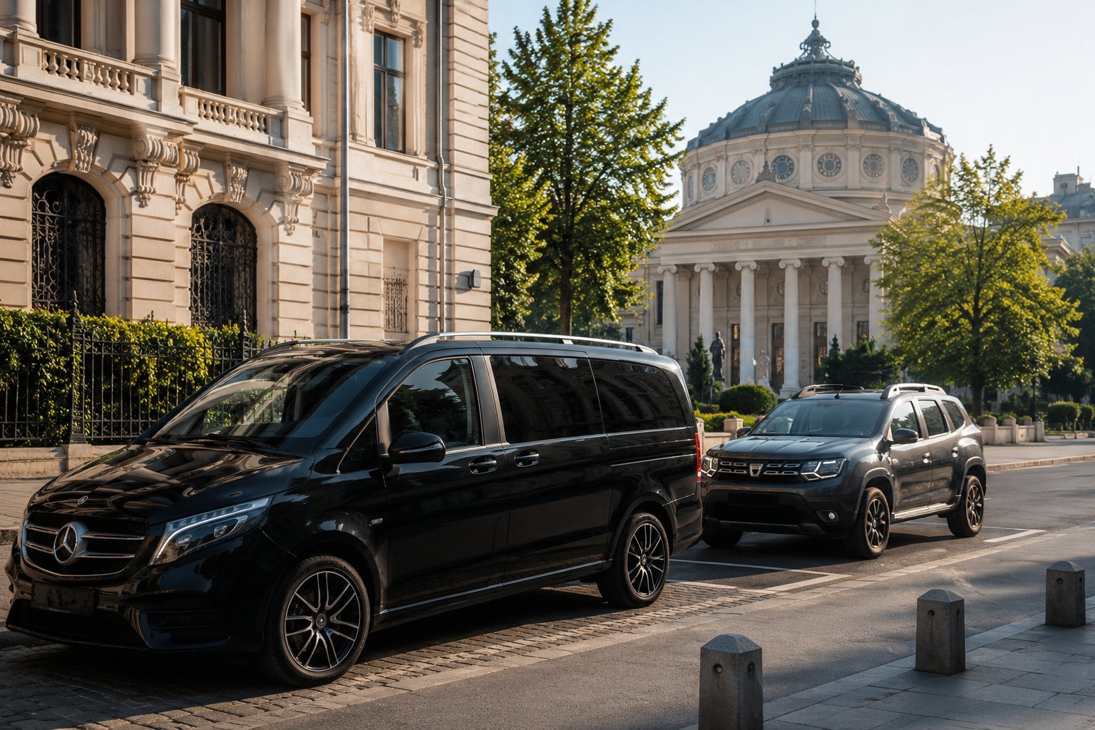 Two dark vehicles parked on a street with classical European architecture and neo-classical domed building in the background