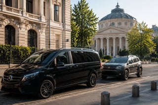Two dark vehicles parked on a street with classical European architecture