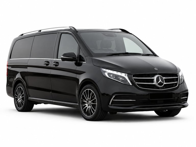 Black Mercedes-Benz luxury minivan with chrome accents, shown in side profile against a white background