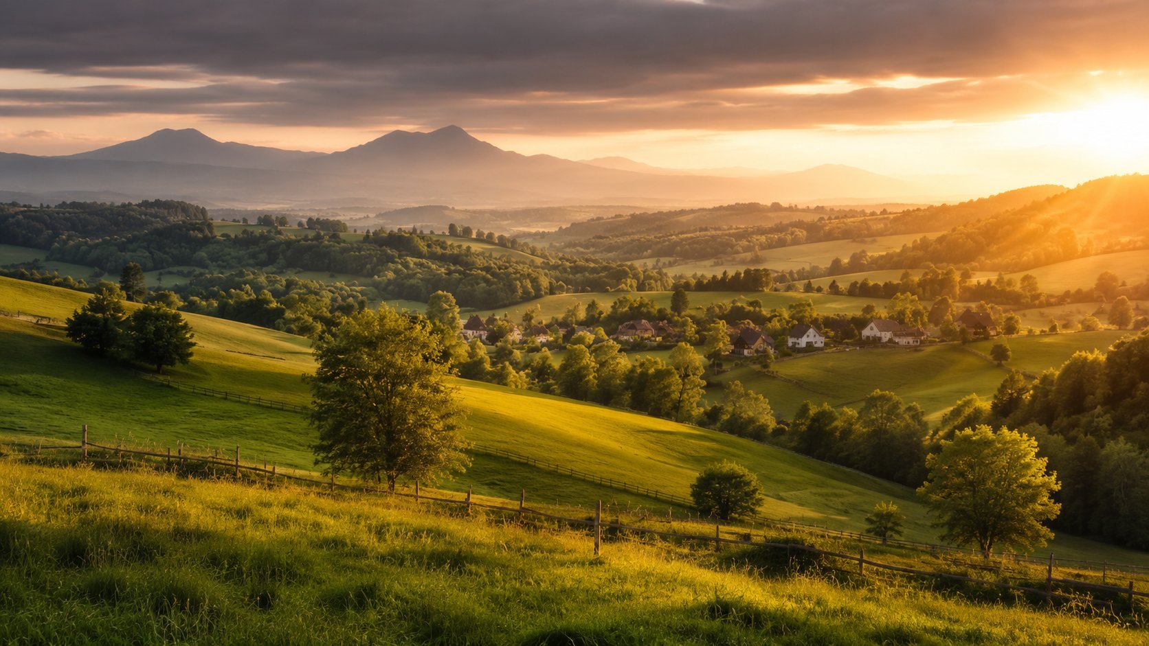 Golden hour sunrise over rolling green hills with distant mountains and scattered farmhouses in a rural valley landscape
