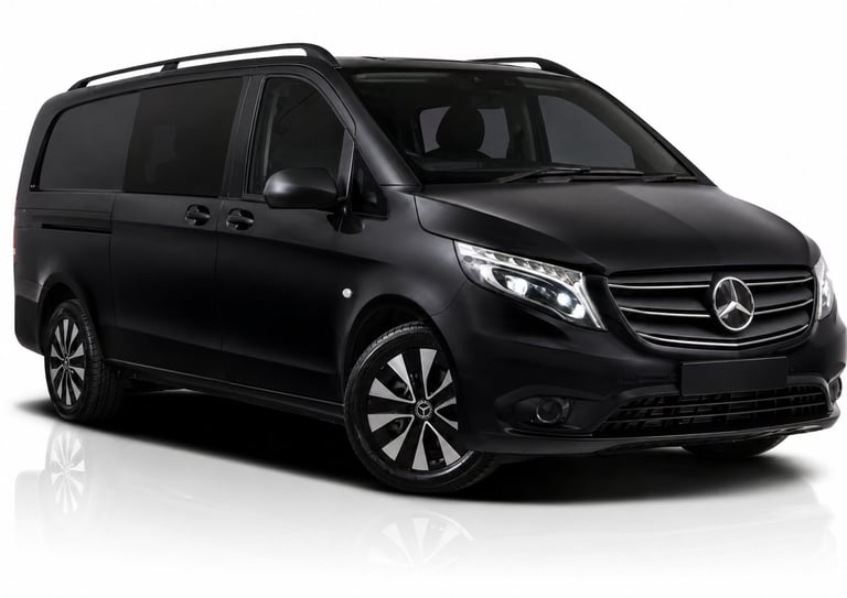 Black Mercedes-Benz minivan photographed from the side angle against a white background