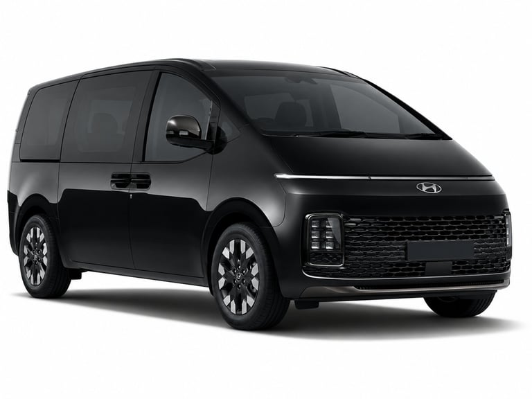 Black Hyundai minivan with sliding doors, shown in profile view against a white background