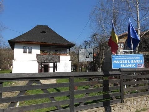 White traditional house with dark roof behind wooden fence, flags, and blue museum sign in rural setting