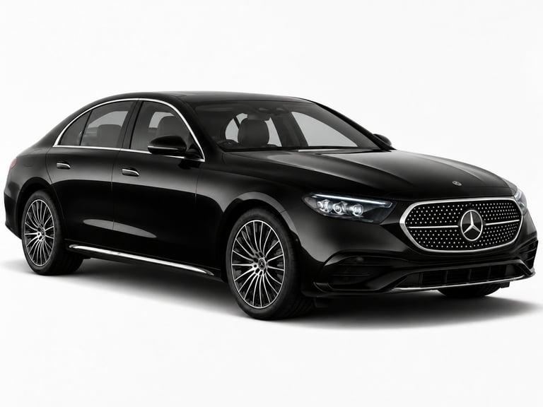 Black Mercedes-Benz luxury sedan with LED headlights and multi-spoke wheels on white background