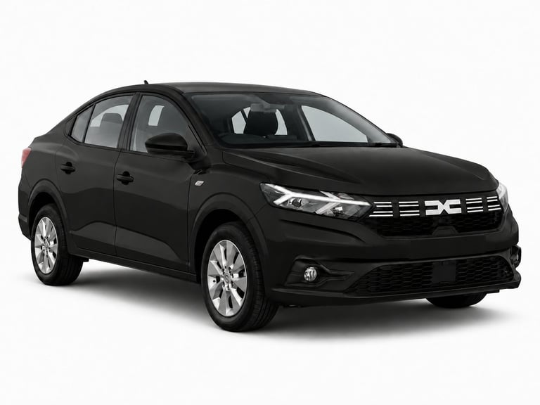 Black compact sedan with white alloy wheels photographed against white background