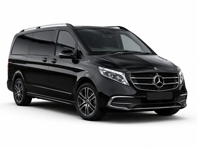 Black Mercedes-Benz V-Class luxury minivan photographed against a white background