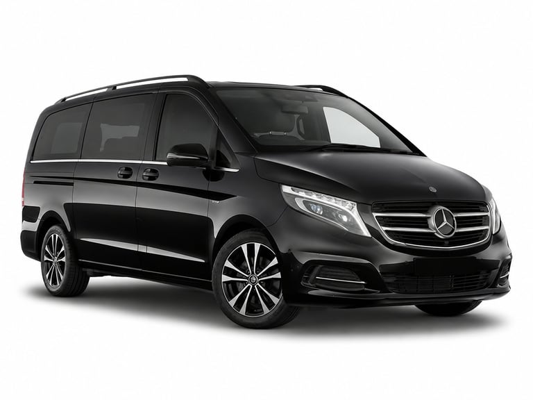 Black Mercedes-Benz luxury minivan photographed against a white background
