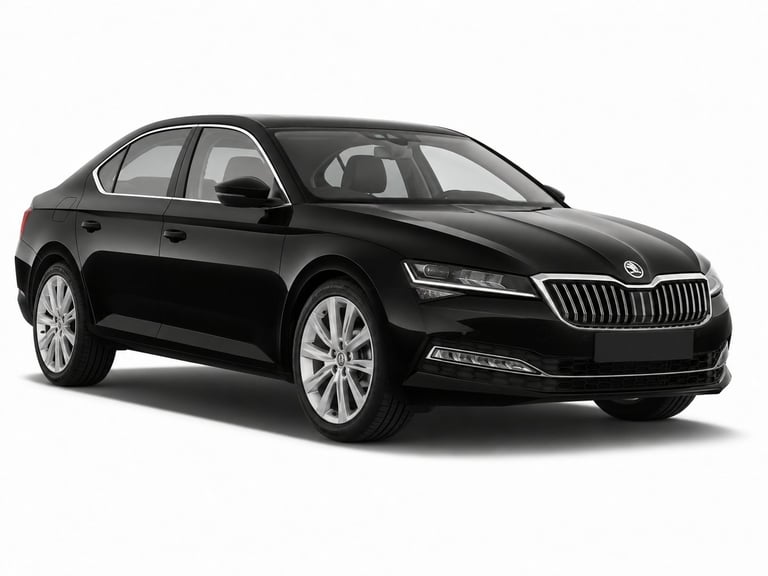Black Skoda sedan with silver alloy wheels, front three-quarter view on white background
