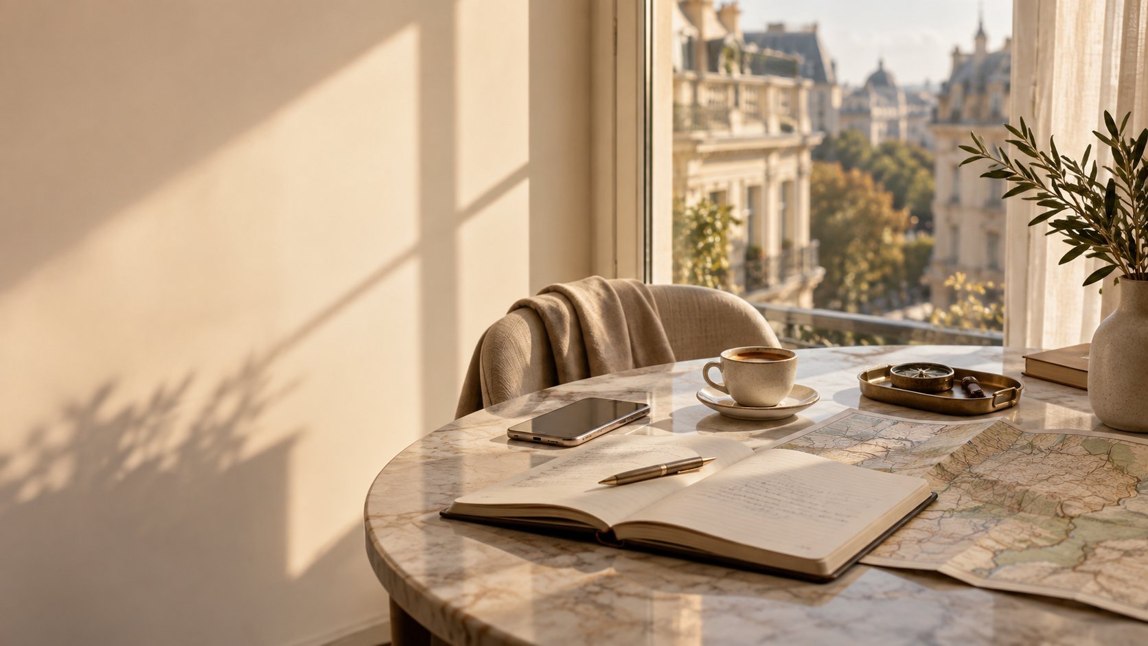 Elegant marble desk with notebook, pen, and coffee cup by a sunlit window overlooking historic city architecture