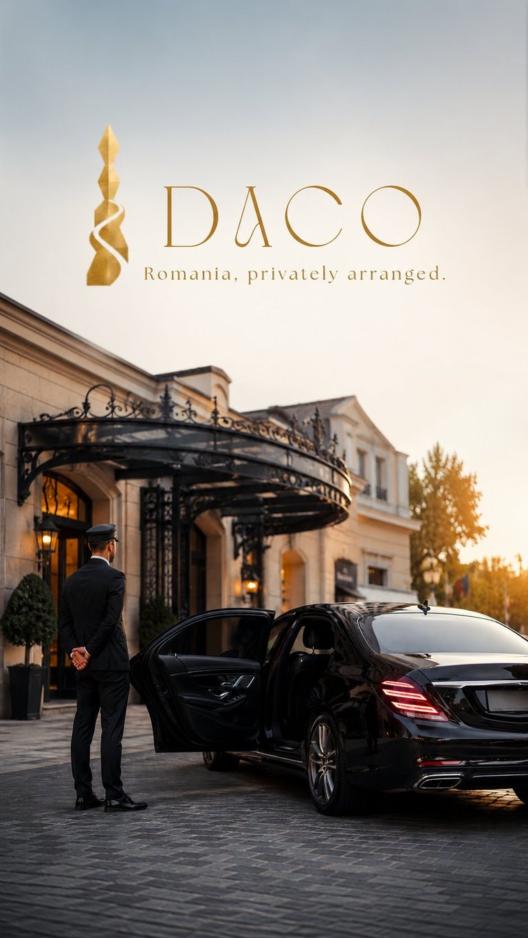 Luxurious hotel entrance with uniformed doorman standing beside a black luxury car under an ornate pergola at sunset, DACO Romania logo above