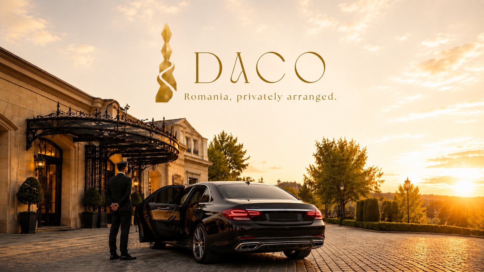 Luxury car service DACO in Romania, with elegant building, parked black sedan, and valet staff at sunset